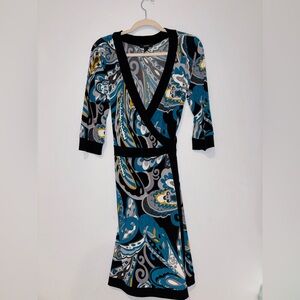 Alfani Blue and Black Patterned Wrap Style Long Sleeve Dress